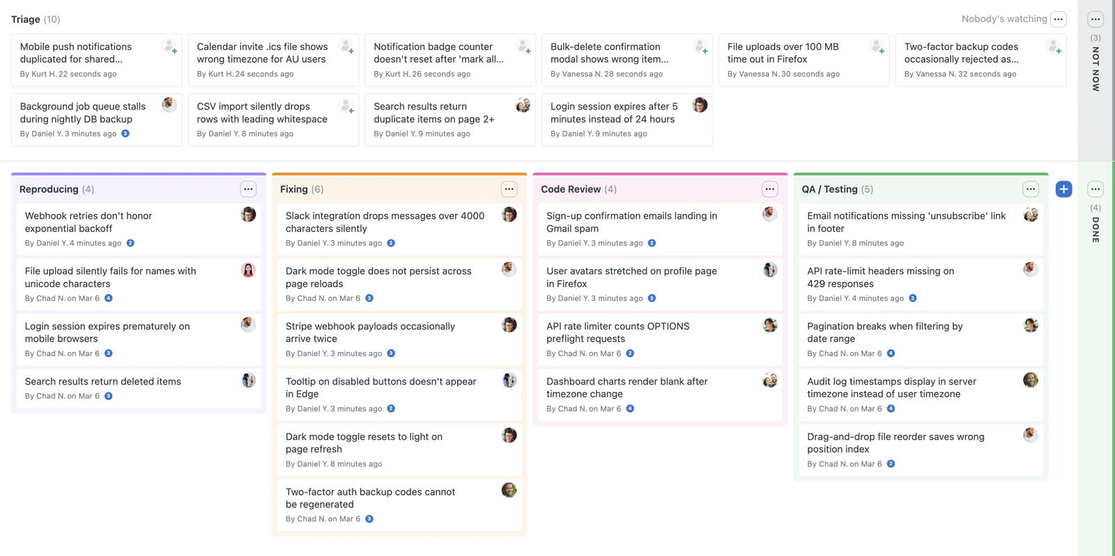 Basecamp Card Table Kanban board with Triage, Reproducing, Fixing, Code Review and QA columns