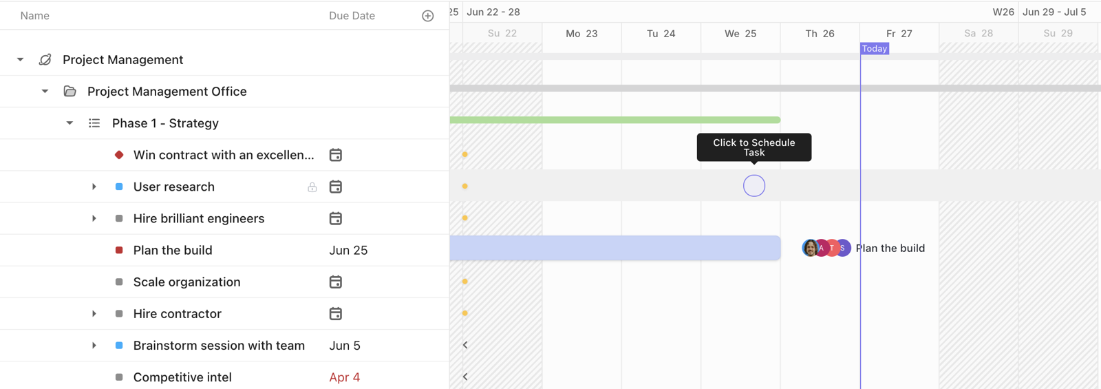 ClickUp Gantt view with a task list on the left and a timeline on the right where a task is scheduled by clicking