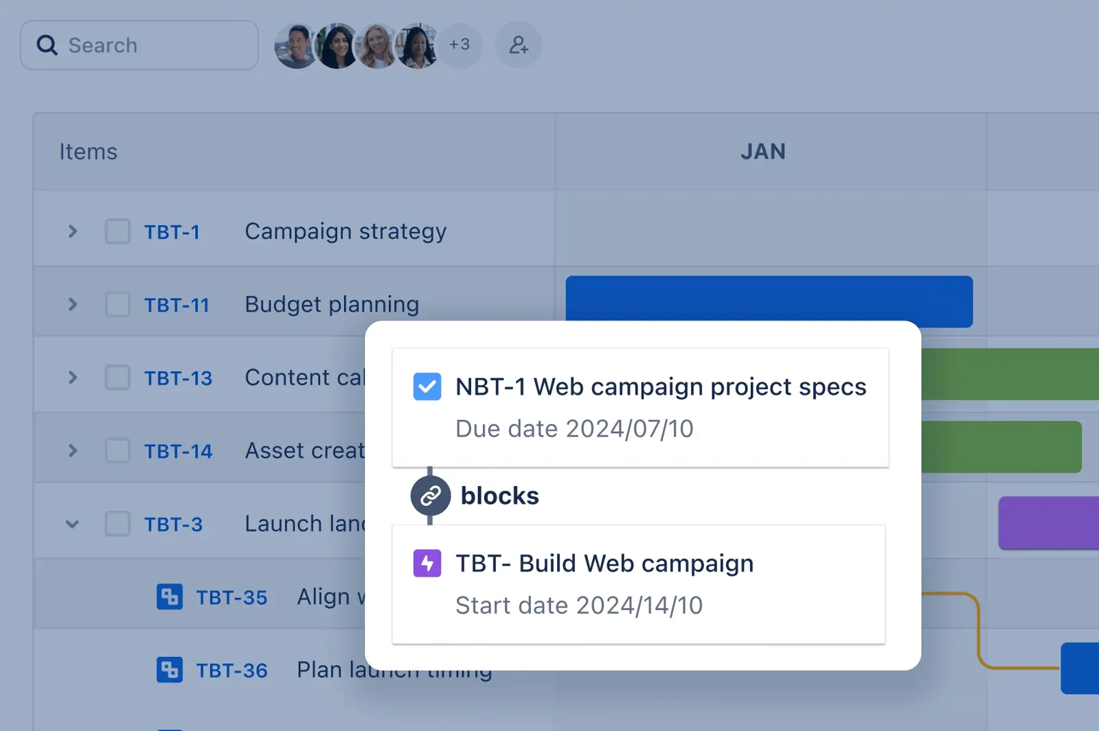 Jira timeline with a pop-up showing one work item that blocks another, linked by a blocks relationship