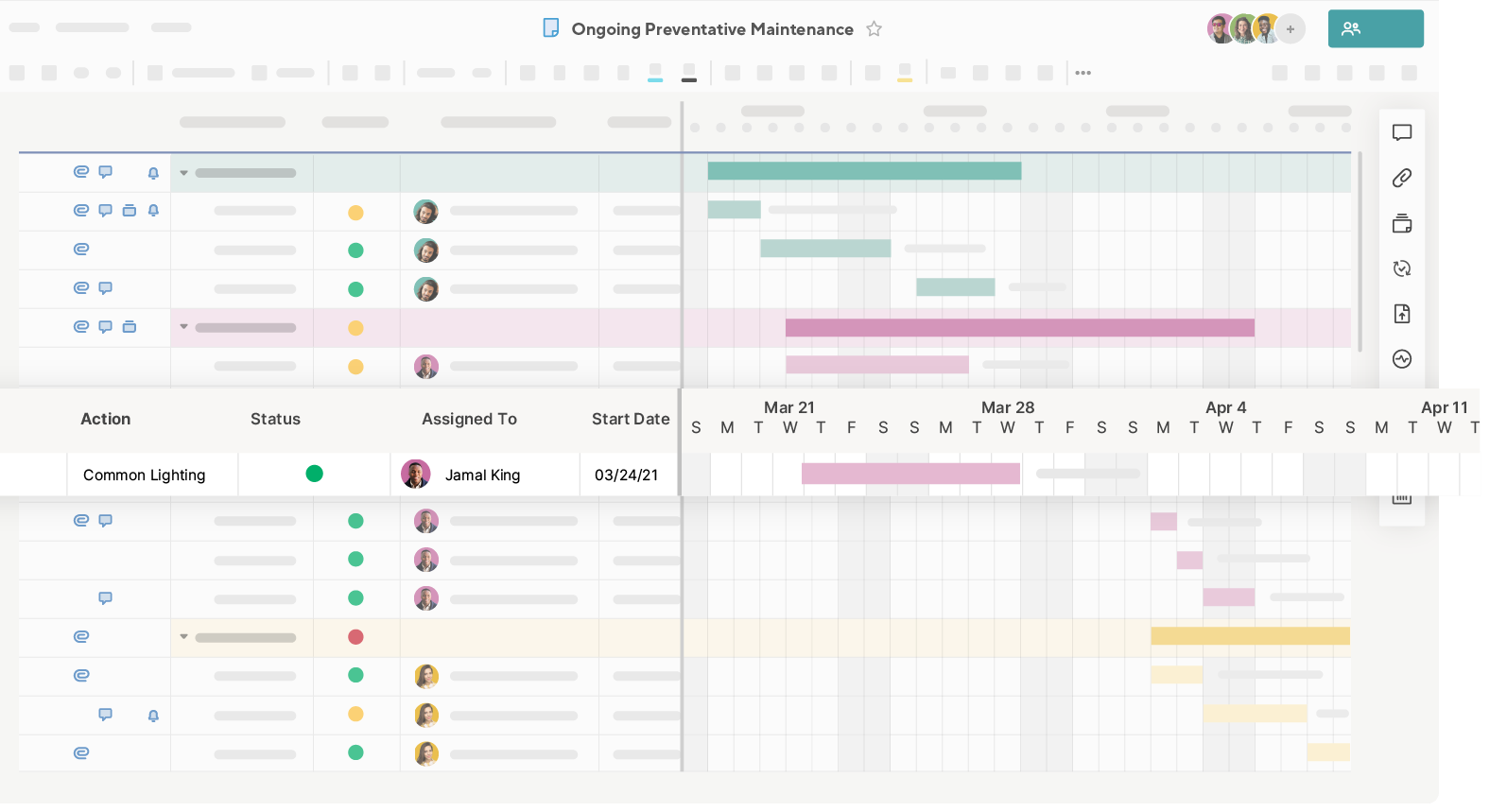 Smartsheet grid with a Gantt chart beside the rows and a highlighted maintenance task row