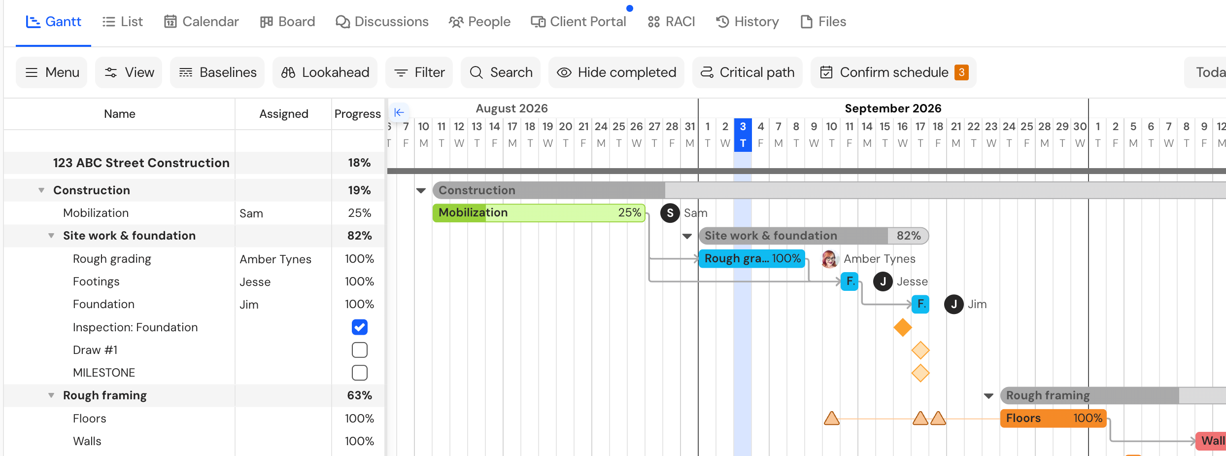 TeamGantt Gantt view of a construction plan with toolbar buttons for Baselines and Critical path, progress bars and dependency arrows between tasks.